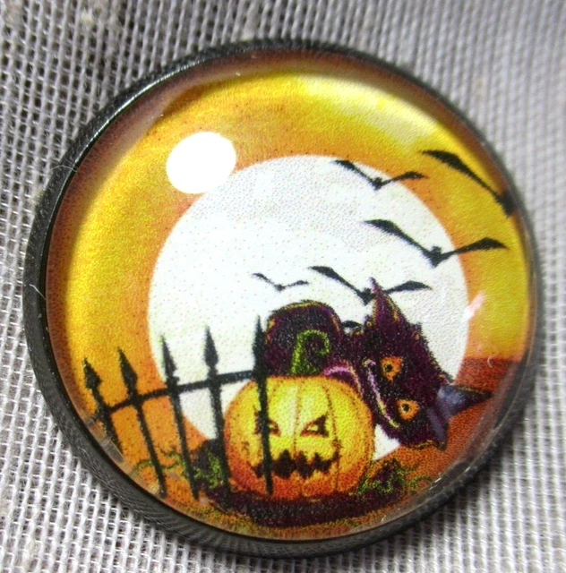 New Glass Dome Pic Button A Black Scaredy Cat Bats & Jack-O-Lantern Full Moon