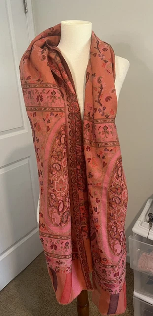 Womens Bajra Merino Wool Scarf Shawl Wrap Handmade Nepal Red Gold coral