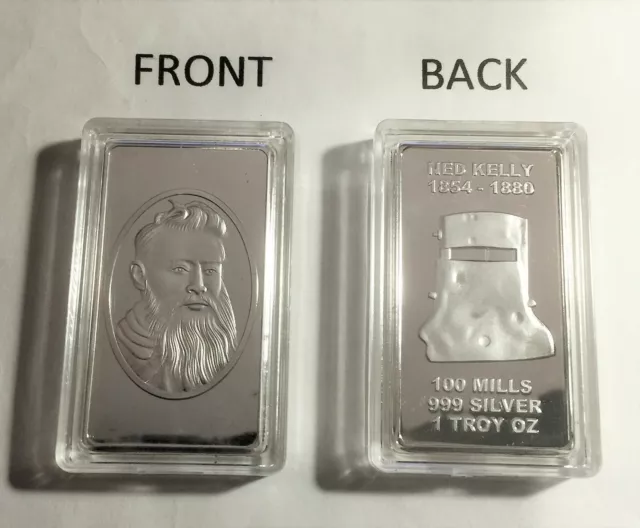 Ned Kelly "UNDER THE MASK" 1 Troy OZ Ingot Finished in 999 Fine Silver, Outlaw