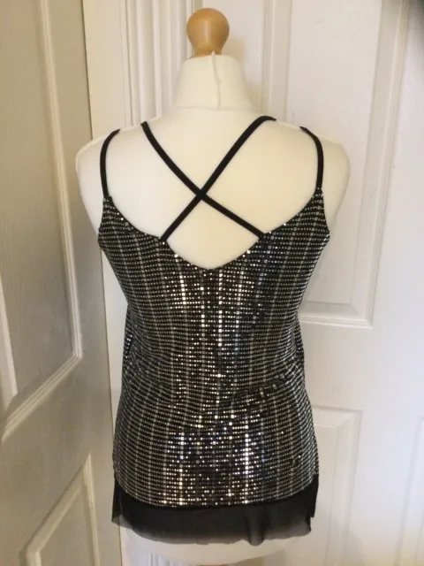 RIVER ISLAND Strappy Sequin Top 6 8 XS Black Mesh Silver Embellished Party Cami