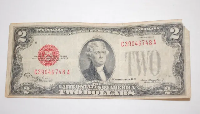 1928 D Two Dollar Bill, Red Seal & Serial United States Note Circulated