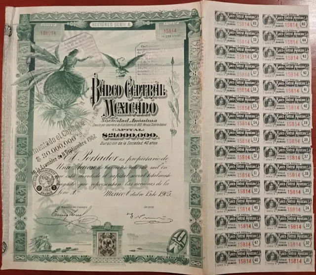 Mexico 1905 Banco Central Mexicano Blueberry $ 100 Pesos Coupons Bond Loan Share