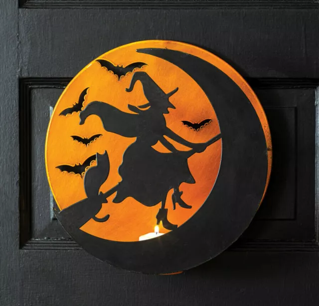 Halloween Hanging Moon Flying Witch Silhouette Candle Holder Decor Orange Black