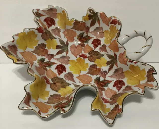 ROYAL DANUBE Candy Dish Gold Trim Leaf Fall Autumn Colored Leaves Handle