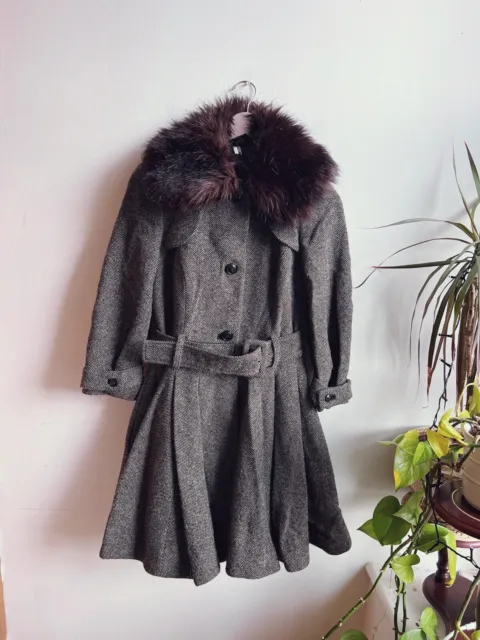 Topshop Vintage Style Wool Coat Jacket Belted Fit Flare Size 10