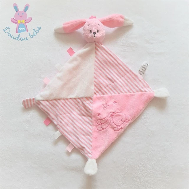 Doudou plat lapin rose blanc rayé étoiles étiquettes AUCHAN (3 dispos) 2