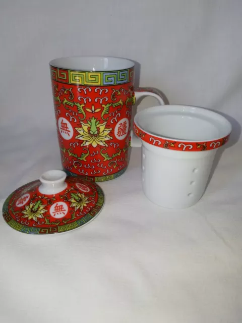 Chinese Lucky Red Lotus Flower Teacup Infuser Strainer w/ Lid 10oz Porcelain Mug