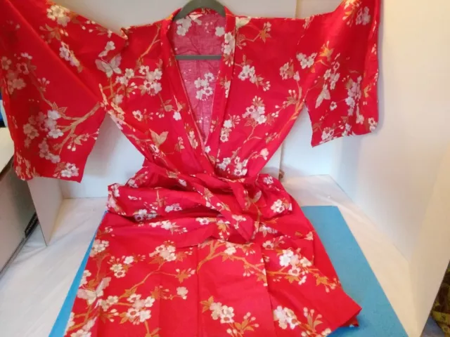 Womans Robe Japanese Cotton Print Kimono Made In Japan Red Gold Belted SZ M