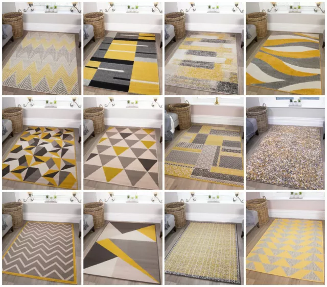 Ochre Mustard Rugs For Living Room Modern Soft Warm Yellow & Grey Geometric Rugs