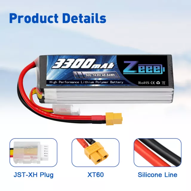 2x Zeee 4S LiPo Akku Batterie 14,8V 50C 3300mAh XT60 für RC Auto FPV RC Flugzeug 3