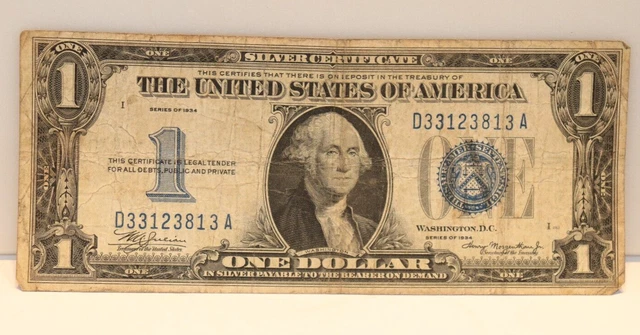 1934 $1 Silver Certificate One Dollar Funnyback Fine D33123813A