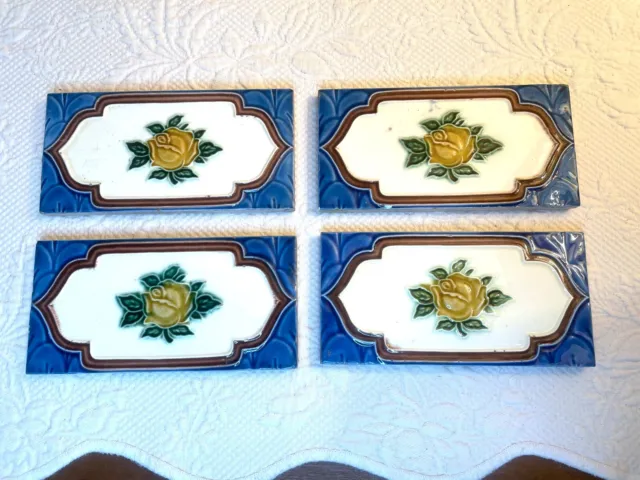 Set of 4 Vintage Nouveau Floral Ceramic Boarder Tiles ~ 3 x 6 ~ Japan ~ VGUC