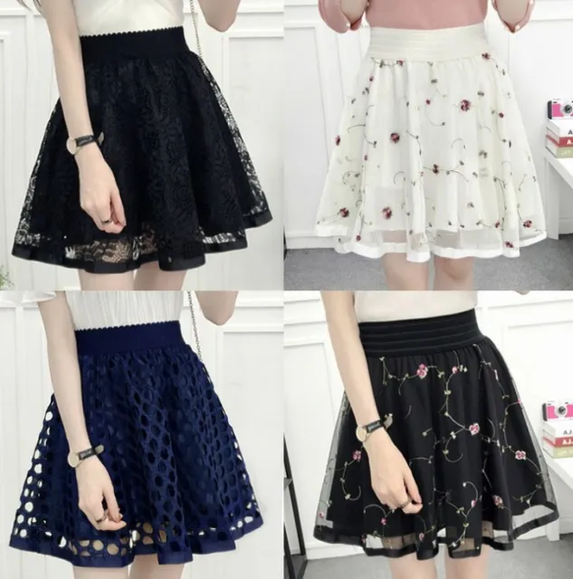 Women A-line Skirt Embroidery Elastic High Waist  Mesh Lace Anti-lighting Skirt