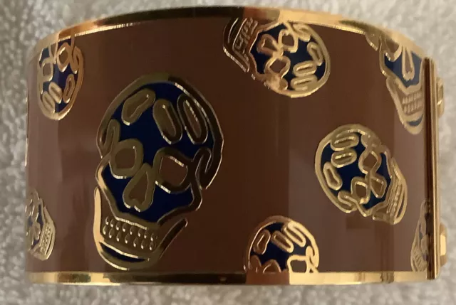 ALEXANDER MCQUEEN Brown/Navy Wide Bangle W/GOLD Enamel SKULLS