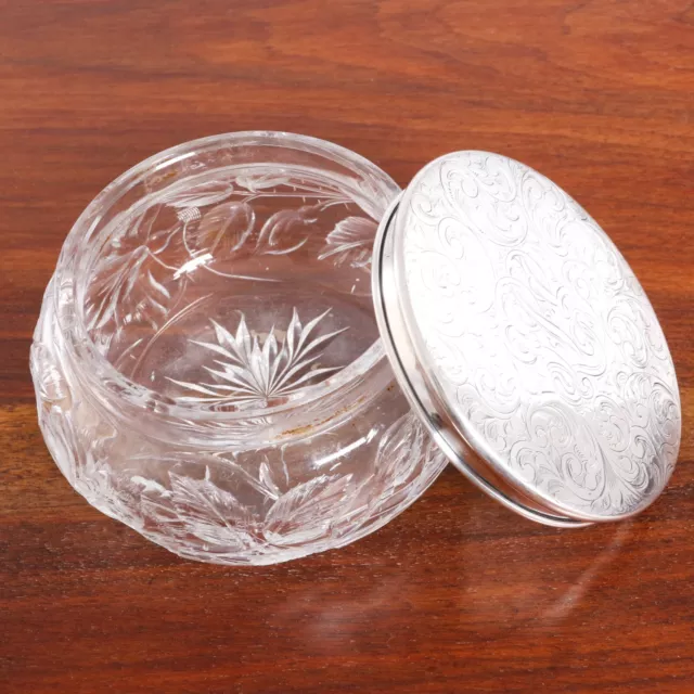 Large American Sterling Silver Dresser Jar Deeply Engraved Floral, Foliate Glass