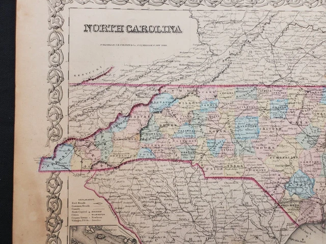 1855 Colton Map - North Carolina - 100% Genuine Antique 2