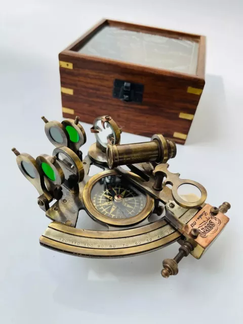 Nautical Hand-made Brass Sextant With Inbuilt Compass In Wooden box -