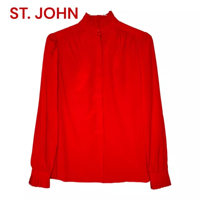 St. John Womens Red Blouse Sz 10 Button Up Pleated Neck Hidden Buttons