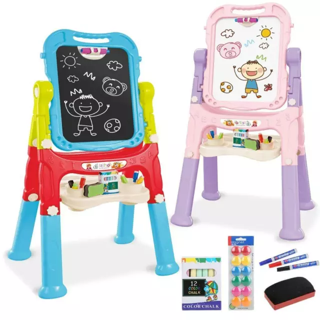 Kids Folding Double Sided Magnetic Drawing Board Easel with Colour Chalk, Eraser