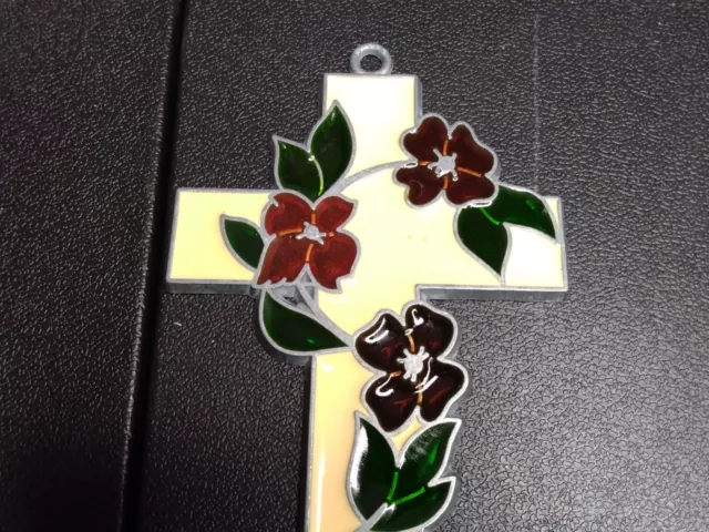 Cream, Red, Green Stained Glass Cross Suncatcher Religious Art Vintage