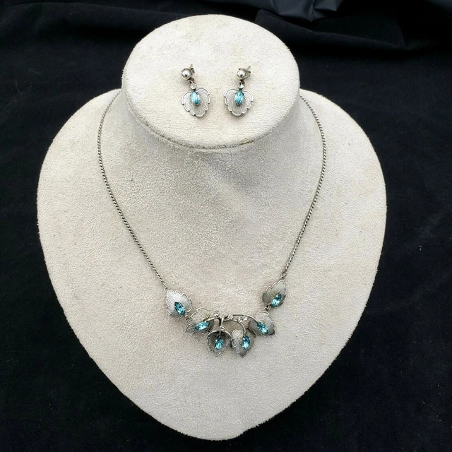 Vintage Van Dell STERLING and Blue Stone Leaf Necklace and Earring Set Wedding