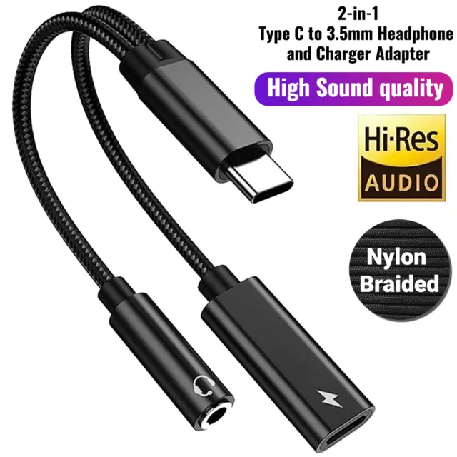 2 in 1 Type-C USB C to 3.5mm AUX Audio Headphone Jack Adapter Charger Cable New