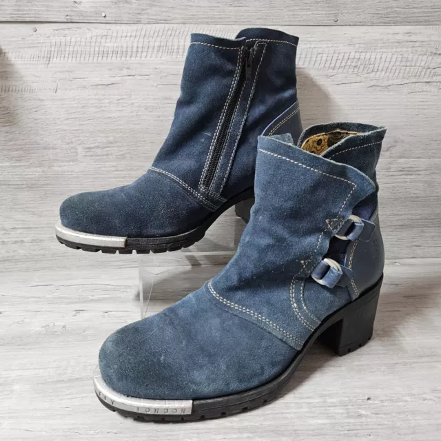 Fly London Womens Blue Suede Ankle Boots UK Size 8 EU 41 Biker Boho Buckle