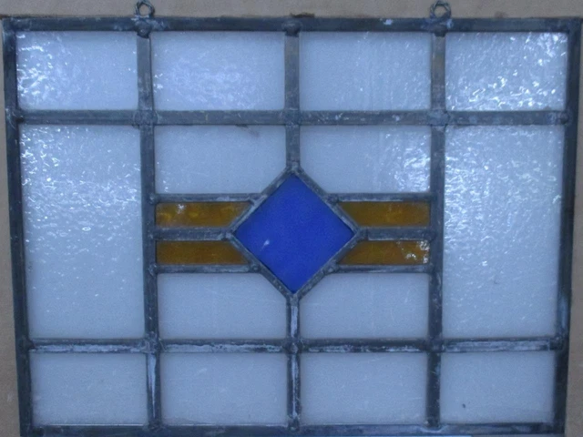 OLD ENGLISH STAINED GLASS WINDOW Unframed w Hooks Simple Geometric 16.25"x12.75"