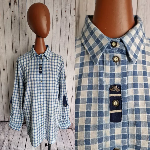 Landhaus Vintage ethnisches Hemd - Gr. 16 - blau CHeck Polyviskose/Leinen Boho BV93