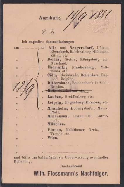 56274) PRIVATZUDRUCK Fa. Flossmann Ganzsache P 17 AUGSBURG 1881 2