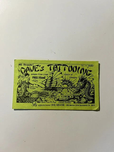 Tarjeta de visita de tatuaje vintage rara - Dave's Tattooing Sacramento Ca.