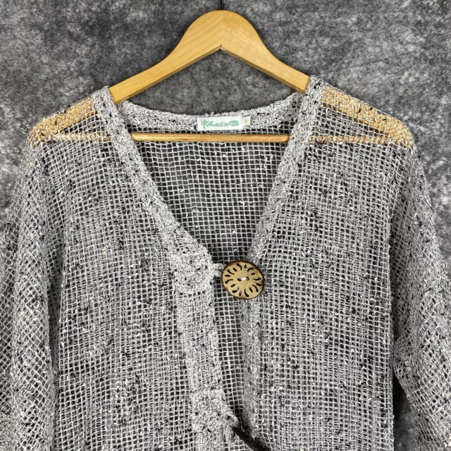Lulu B Sweater Womens Small Gray Open Knit Fish Net Wood Button Boho Cover Up