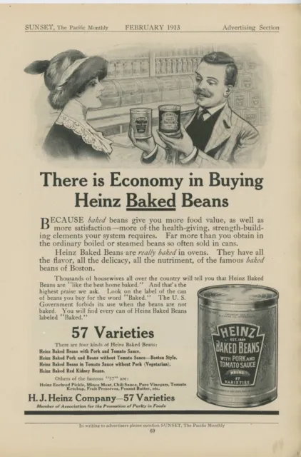 1913 H J Heinz Baked Beans Vintage Ad Can 57 Varieties Economy Pittsburgh PA