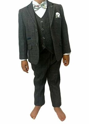 Cavani Boys 3 Piece Grey Wool Blend Herringbone Check Tweed Peaky Blinders Suit