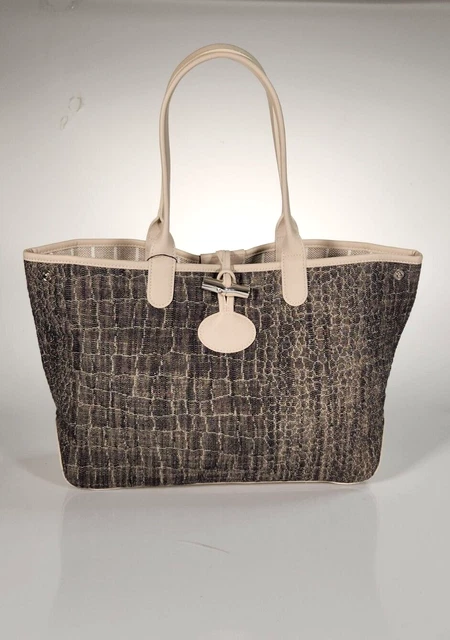 Longchamp Roseau Reversible Tote Hand Bag Stripe Linen Embossed Canvas France