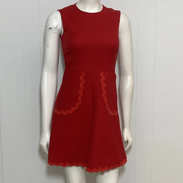 Red Valentino Dress Womens 40 Red Cotton Stretch Sleeveless Pockets Trim