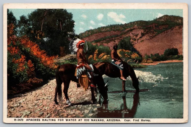 Postcard Apaches Halting for Water at Rio Navaho Arizona Fred Harvey H12