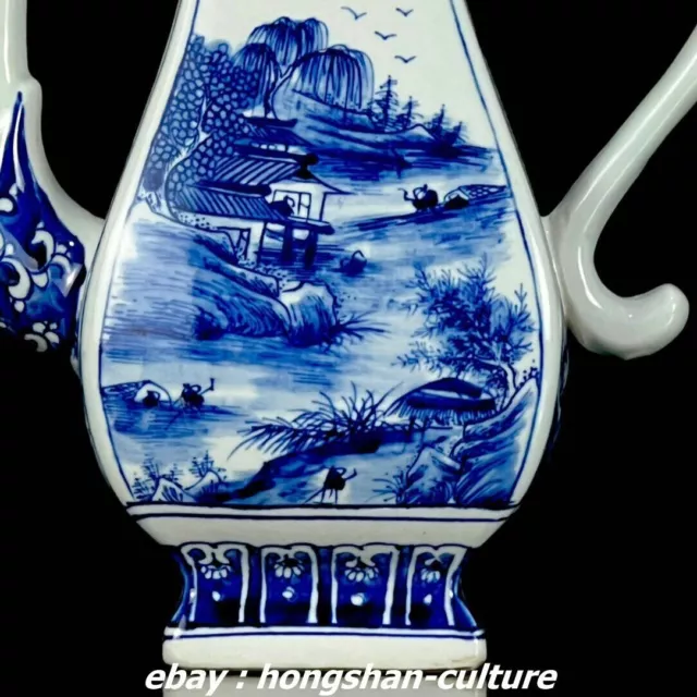 12'' Qing Kangxi Blau Weiß Porzellan Landschaft Griff Wein Tee Topf Flagon 3