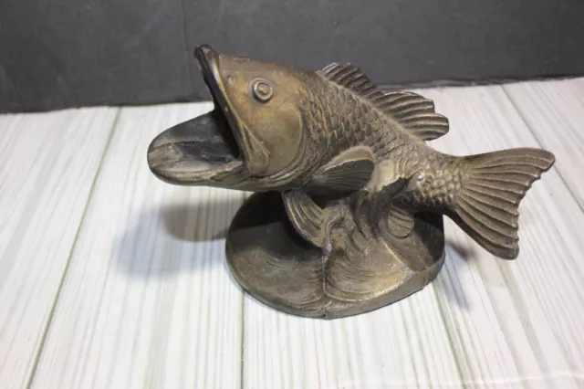 Brass Vintage Large Mouth Bass Fish Desk Top Figure - Ashtray Made In Usa Nice