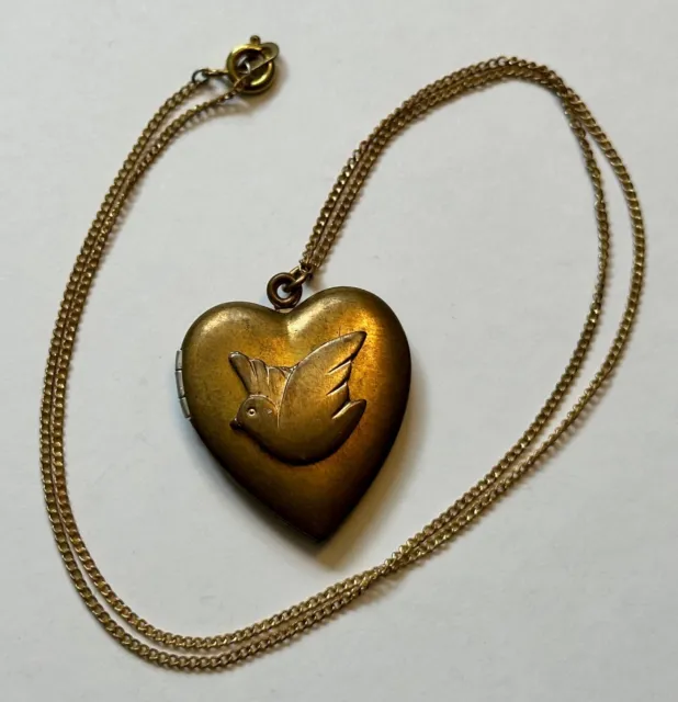 Vintage Brass Heart Locket w Dove Bird of Peace 1 1/4" Necklace 18" vtg brass