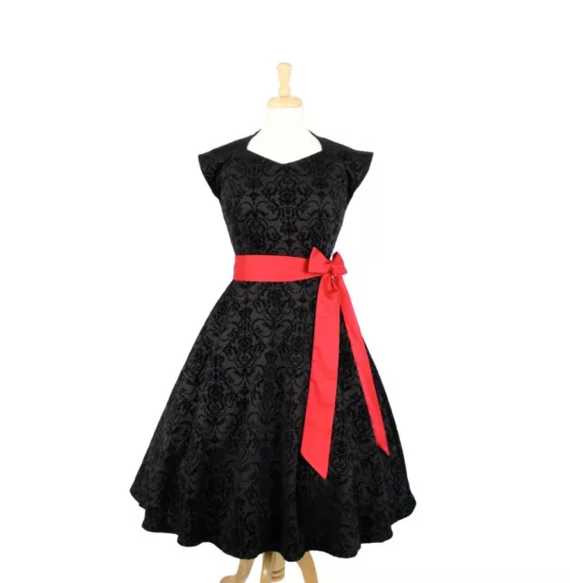 Cute Rockabilly 50s Retro Black Damask Red Belt Bow Swing Dress Vintage Pin Up 3