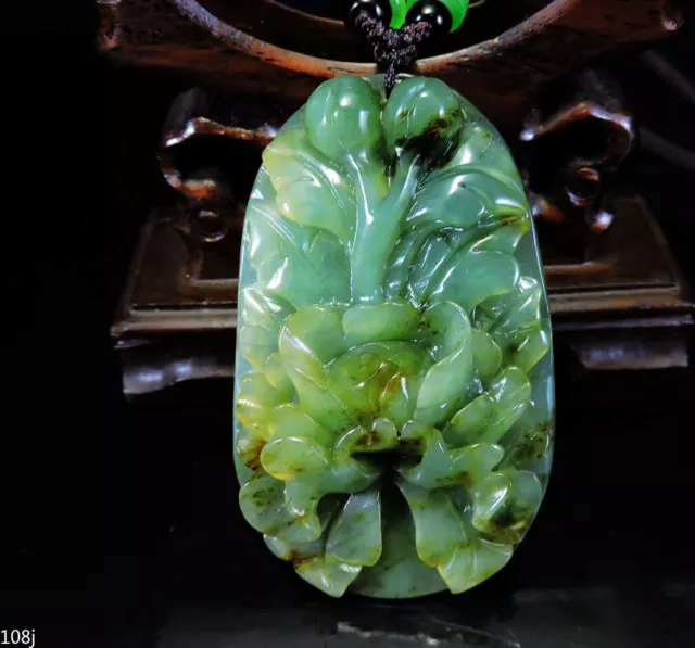 100% Natural Hand-carved Jade Pendant Jadeite Necklace peony flower G108j