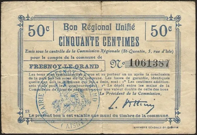 Billet de nécessité - Fresnoy-le-Grand (02) bon de 50 centimes 1914-1916 !