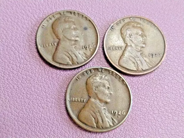 1926-P 1926-D 1926-S Lincoln Wheat Cent Penny Set, 3 Coins Lot 50-500