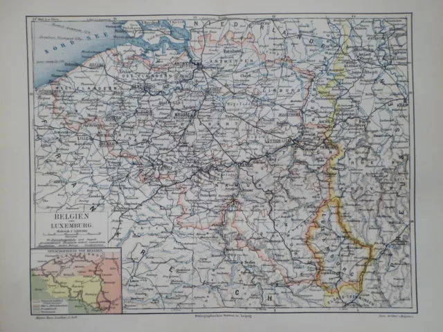 Landkarte von Belgien und Luxemburg, Brüssel, Lüttich, Gent, Meyer 1896