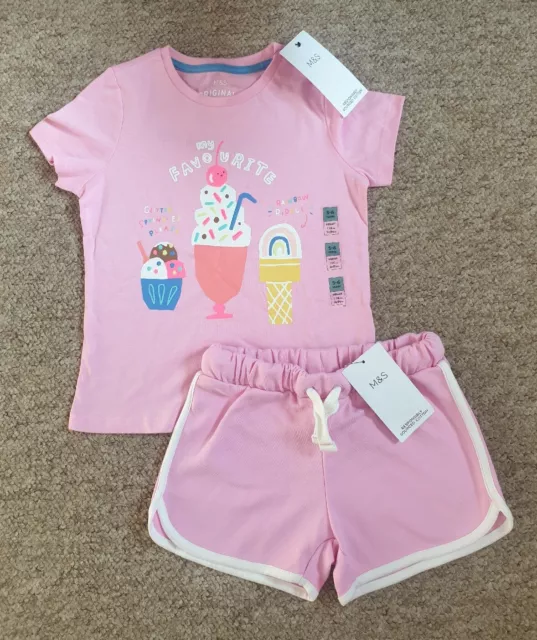 Splendidi top e pantaloncini rosa M&S per bambina 5-6 anni nuovi con etichette Marks and Spencer