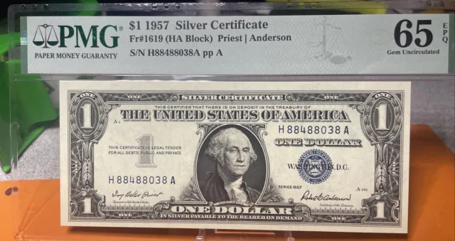 WOW 1957 $1 One Dollar Silver Certificate, PMG 65 EPQ  - Fr# 1619 ( H-A)  Block