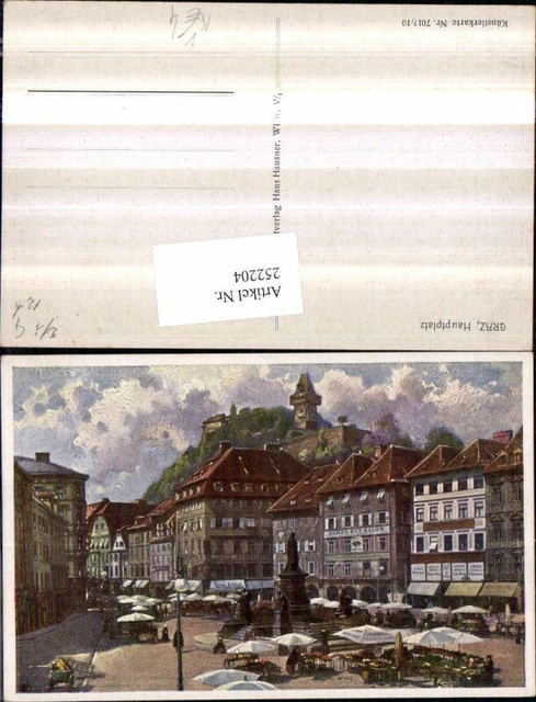 252204,Künstler AK Graz Hauptplatz Denkmal Markt Geschäfte Blick auf Uhrturm pub