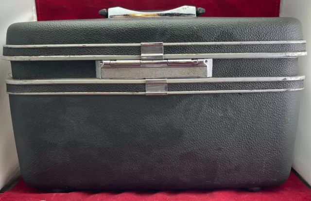 Victorian hat box luggage black with brown leather trim antique train case  photo prop