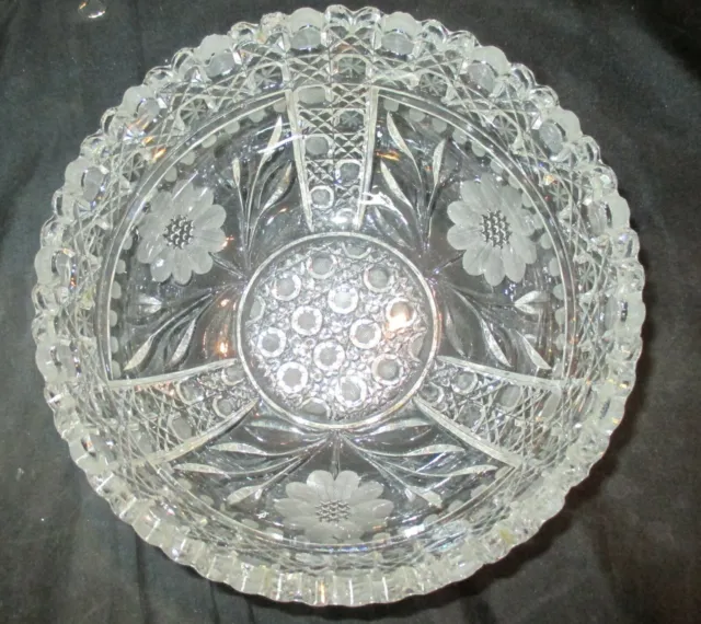 American Brilliant Cut Glass Bowl Flowers Leaves Buttons Gorgeous Design 8 1/4"